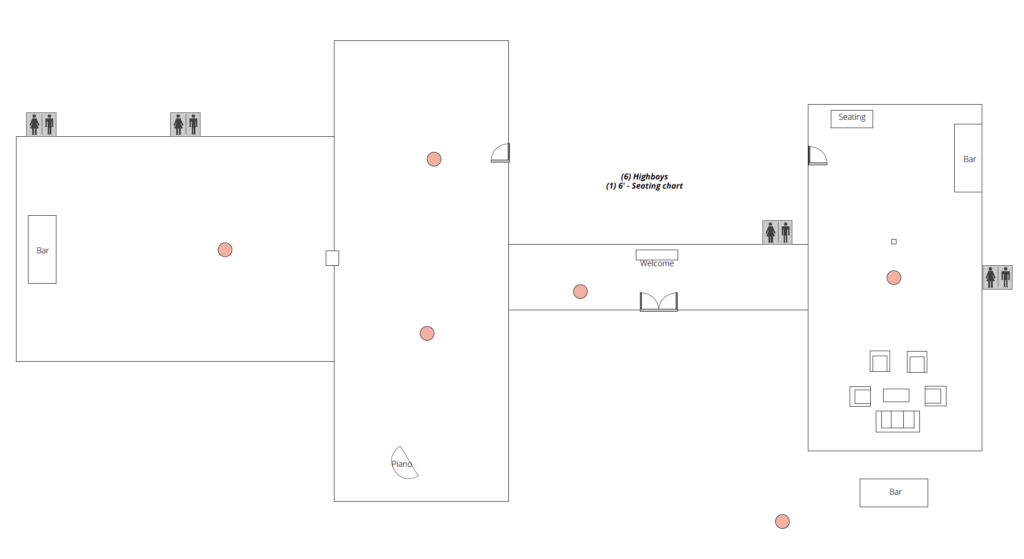 Sample cocktail hour floor plan for the Little River Farms estate home with highboy tables, three bars, a welcome table, a seating chart display, and lounge seating