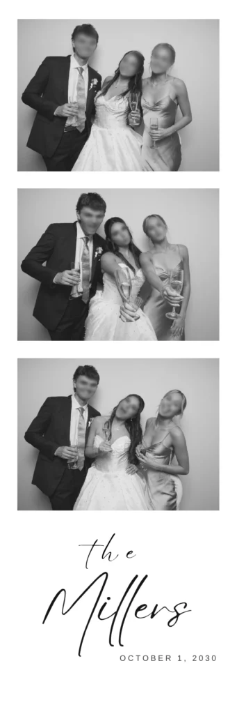 Black and white three-photo strip from a wedding photo booth with a custom script name and date border design — Pirone Entertainment